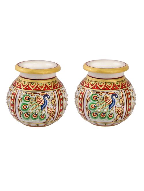 flower pot pair in round shape with peacock painted in marble by handicrafts paradise - 14122348 - Very Small Image - 1