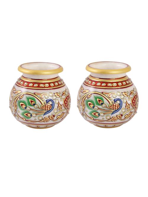 flower pot pair in round shape in marble with peacock painted by handicrafts paradise - 14122349 - Very Small Image - 1
