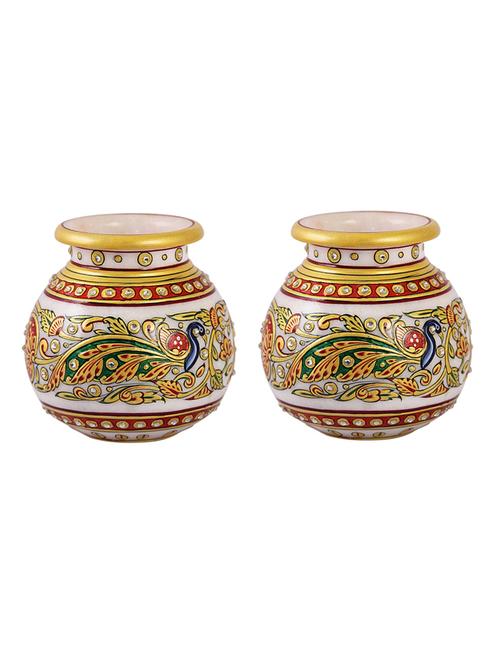 flower pot pair in round shape in marble with peacock painted with long feathers by handicrafts paradise - 14122351 - Very Small Image - 1