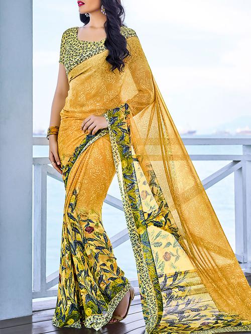 yellow georgette printed saree with blouse - 14123619 - Very Small Image - 1