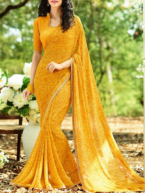 yellow georgette printed saree with blouse - 14123639 - Very Small Image - 1