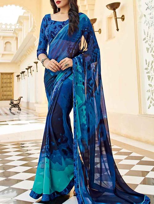 blue georgette printed saree with blouse - 14123651 - Very Small Image - 1