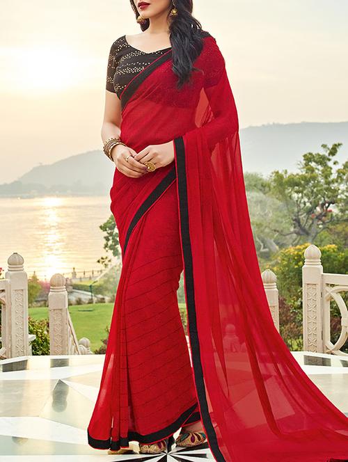 red georgette bordered saree with blouse - 14123664 - Very Small Image - 1