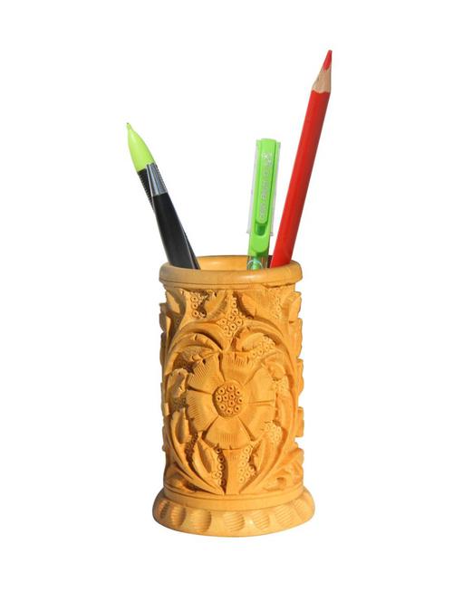 pen holder / pen stand / desk organiser / return gift floral design carved in wood - 14123896 - Very Small Image - 1