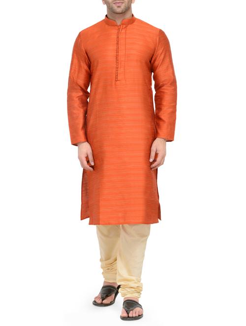 orange silk blend kurta payjama set - 14124837 - Very Small Image - 1
