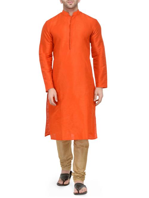 orange dupion kurta payjama set - 14124849 - Very Small Image - 1
