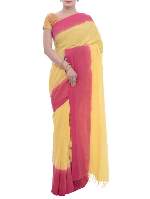 yellow cotton blend bordered saree with blouse - 14128166 - Very Small Image - 1