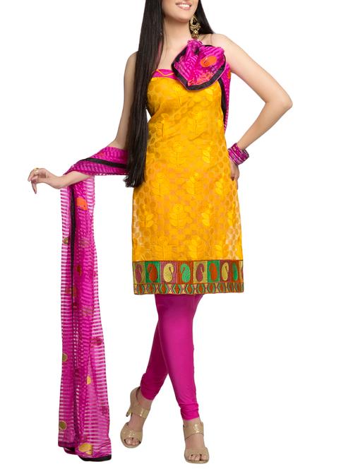 yellow chanderi cotton dress material - 14131279 - Very Small Image - 1