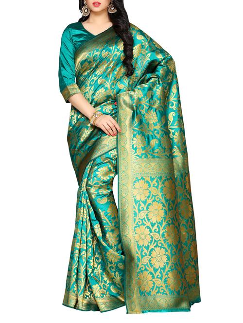 turquoise kanjivaram saree - 14132860 - Very Small Image - 1