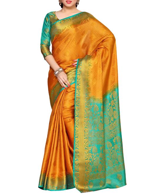 mustard art silk kanjivaram saree with blouse - 14132884 - Very Small Image - 1