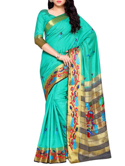turquoise tussar saree - 14132897 - Very Small Image - 1