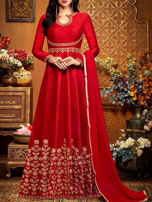 red silk blend flared semi-stitched gown - 14136134 - Very Small Image - 1