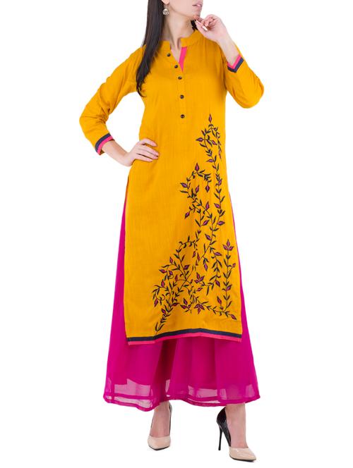 mustard rayon straight kurta - 14137630 - Very Small Image - 1