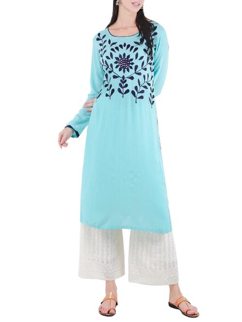 sky blue rayon straight kurta - 14137642 - Very Small Image - 1