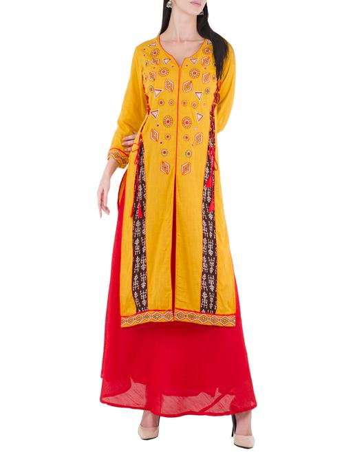 yellow cotton straight kurta - 14137655 - Very Small Image - 1