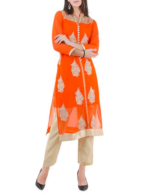 orange georgette straight kurta - 14137673 - Very Small Image - 1