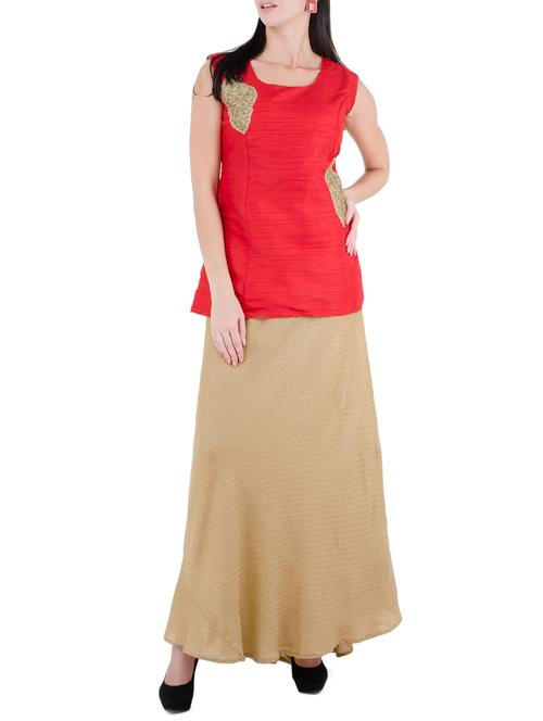red silk blend straight kurti - 14137675 - Very Small Image - 1