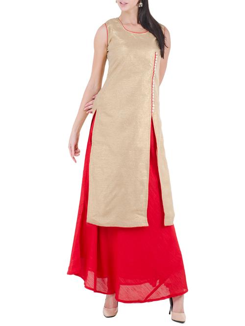 beige silk blend high slit kurta - 14137682 - Very Small Image - 1