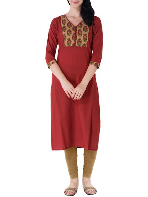 maroon cotton straight kurta - 14139008 - Very Small Image - 1