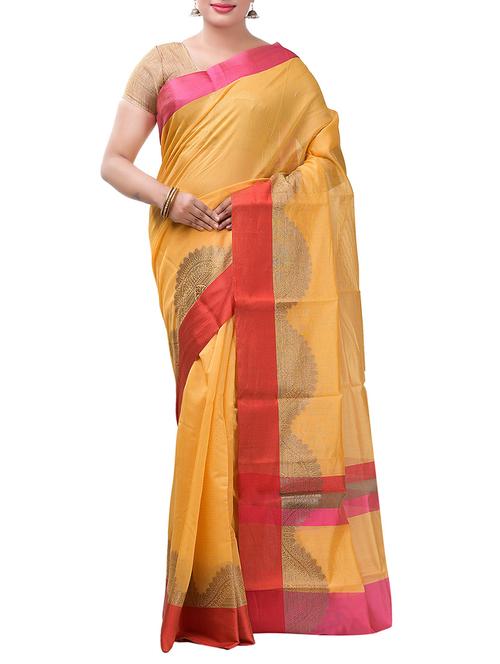 yellow cotton blend bordered saree - 14139137 - Very Small Image - 1