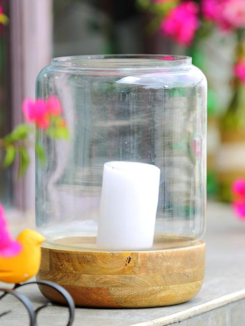 hurricane lantern with large round wooden base - 14139982 - Very Small Image - 1