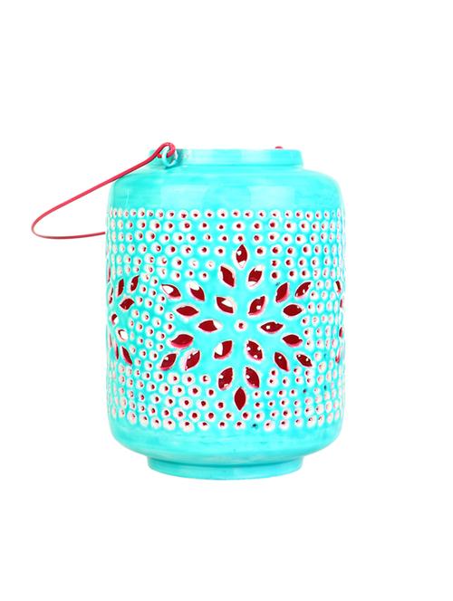 turquoise jaali cylindrical candle holder cum lantern - 14139985 - Very Small Image - 1