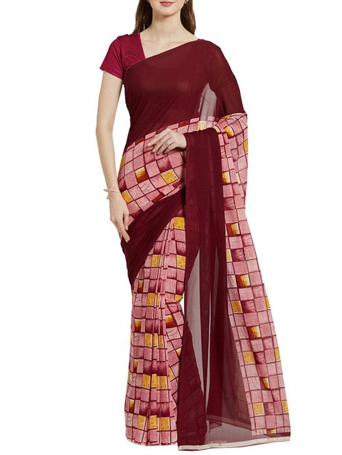 maroon printed saree with blouse - 14142050 - Very Small Image - 1