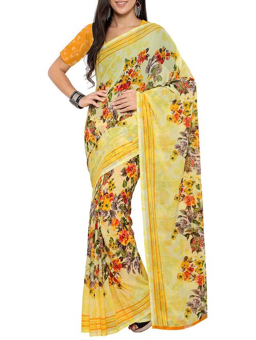 yellow printed saree with blouse - 14142081 - Very Small Image - 1