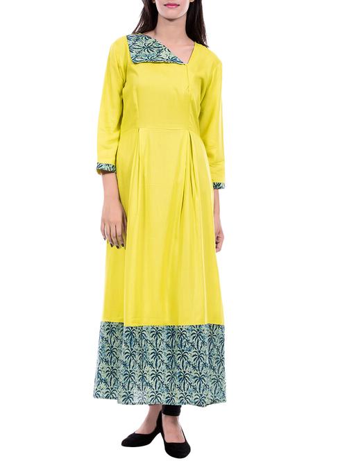 yellow rayon flared kurta - 14146297 - Very Small Image - 1