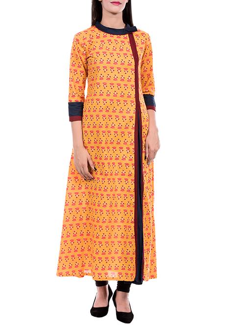 orange cotton flared kurta - 14146300 - Very Small Image - 1