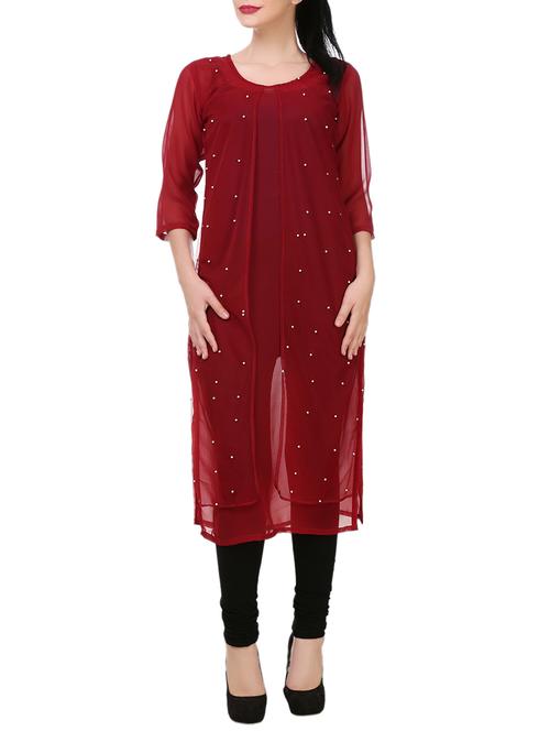 maroon net straight kurta - 14150147 - Very Small Image - 1