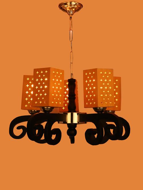 wooden chandelier with engraved colorful wooden lamp - 14154638 - Very Small Image - 1