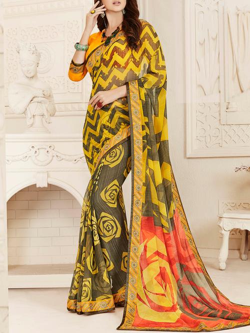 yellow printed saree with blouse - 14155752 - Very Small Image - 1