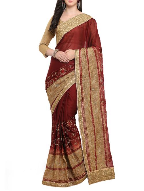 maroon satin embroidered saree with blouse - 14157507 - Very Small Image - 1