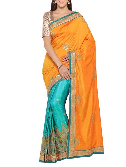 yellow and blue art silk half and half saree with blouse - 14157508 - Very Small Image - 1