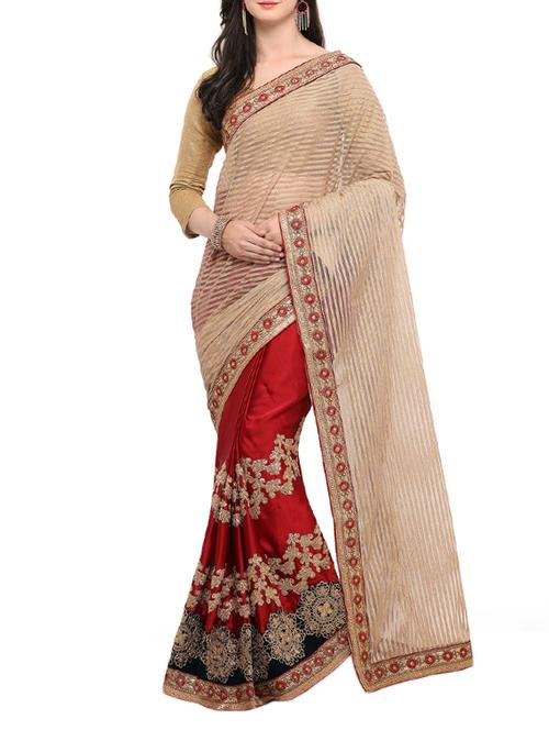 beige and red crepe half and half saree with blouse - 14157513 - Very Small Image - 1