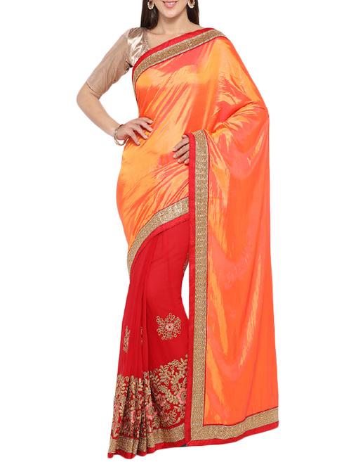 orange polysilk embroidered half and half saree with blouse - 14157539 - Very Small Image - 1