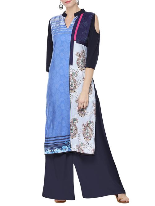 blue crepe straight kurta - 14157969 - Very Small Image - 1