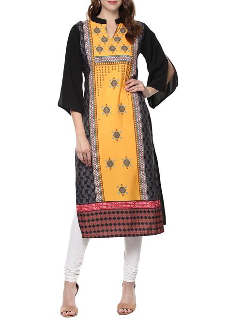 yellow crepe straight kurta - 14161919 - Very Small Image - 1