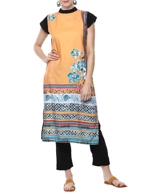 yellow colored crepe straight kurta - 14161921 - Very Small Image - 1