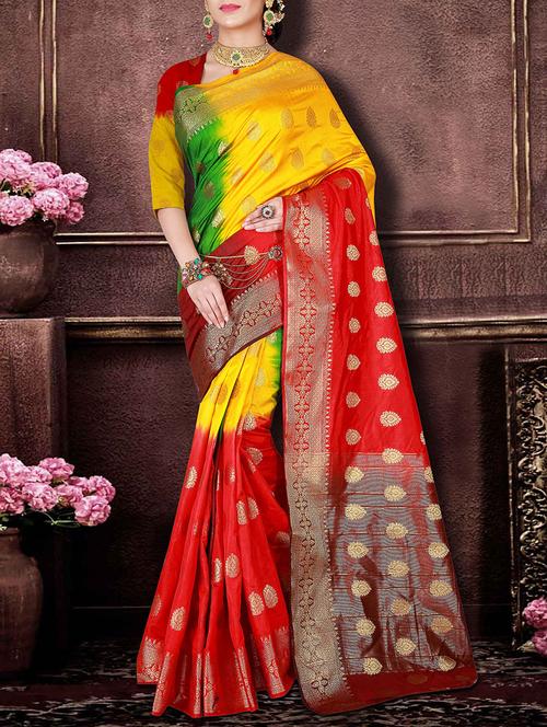 yellow silk saree with blouse - 14161974 - Very Small Image - 1