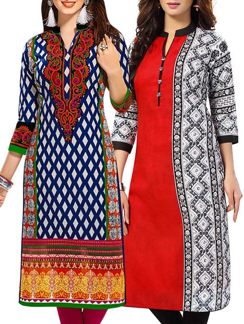 combo (set of 2 ) multi colored cotton unstitched kurta - 14163103 - Very Small Image - 1