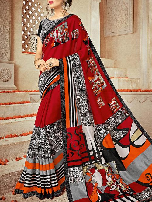 red printed saree with blouse - 14165516 - Very Small Image - 1