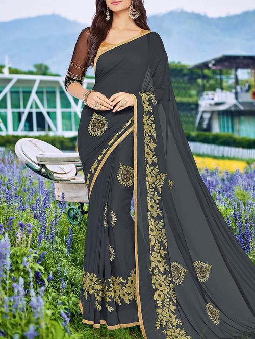grey embroidered saree - 14165533 - Very Small Image - 1