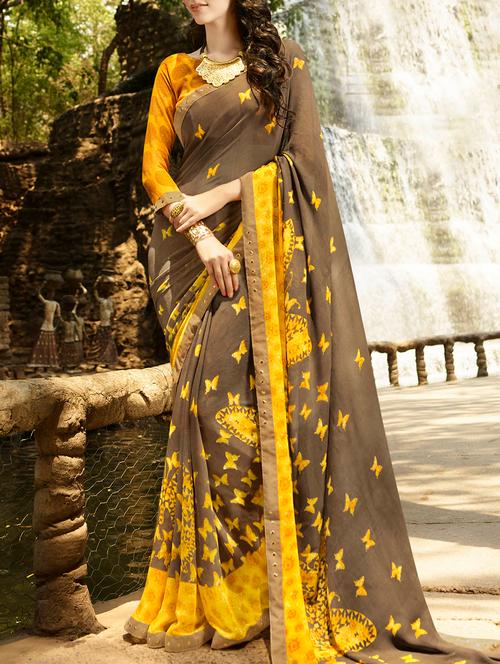 brown printed saree with blouse - 14165546 - Very Small Image - 1