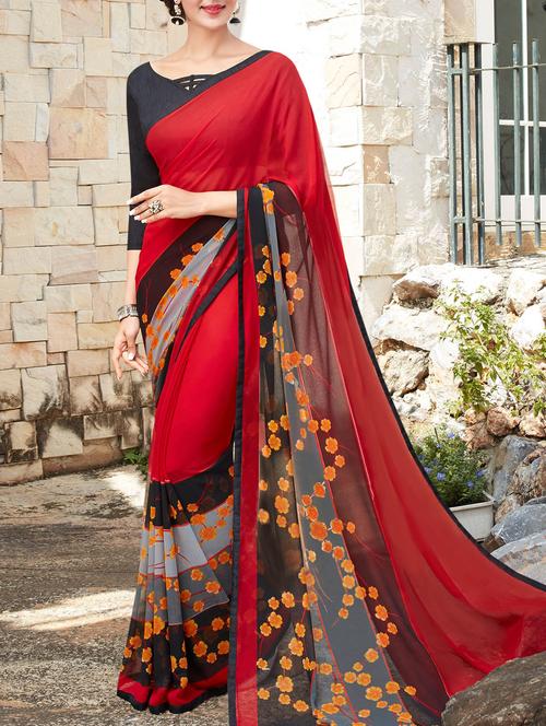 red printed saree - 14165559 - Very Small Image - 1