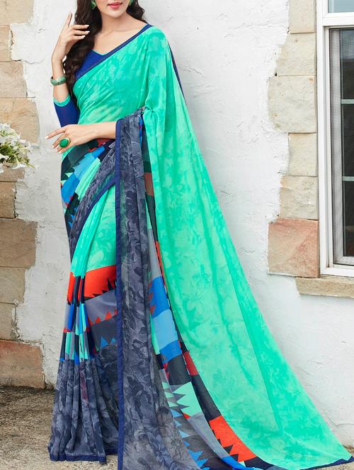turquoise printed saree - 14165566 - Very Small Image - 1