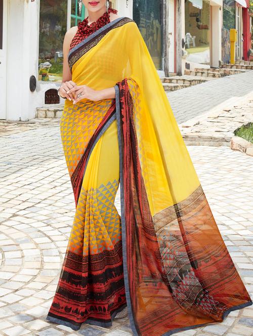 yellow printed saree - 14165575 - Very Small Image - 1