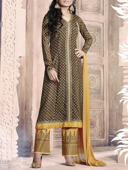brown embroidered semi-stitched suit - 14165669 - Very Small Image - 1