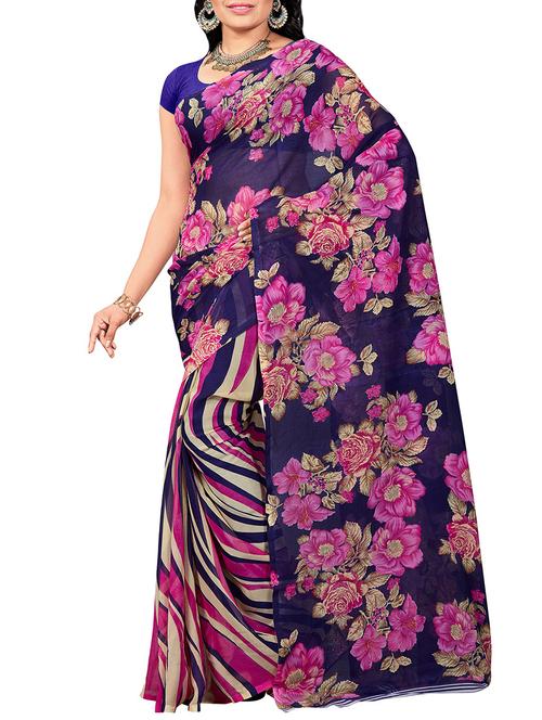 blue georgette printed saree with blouse - 14166591 - Very Small Image - 1